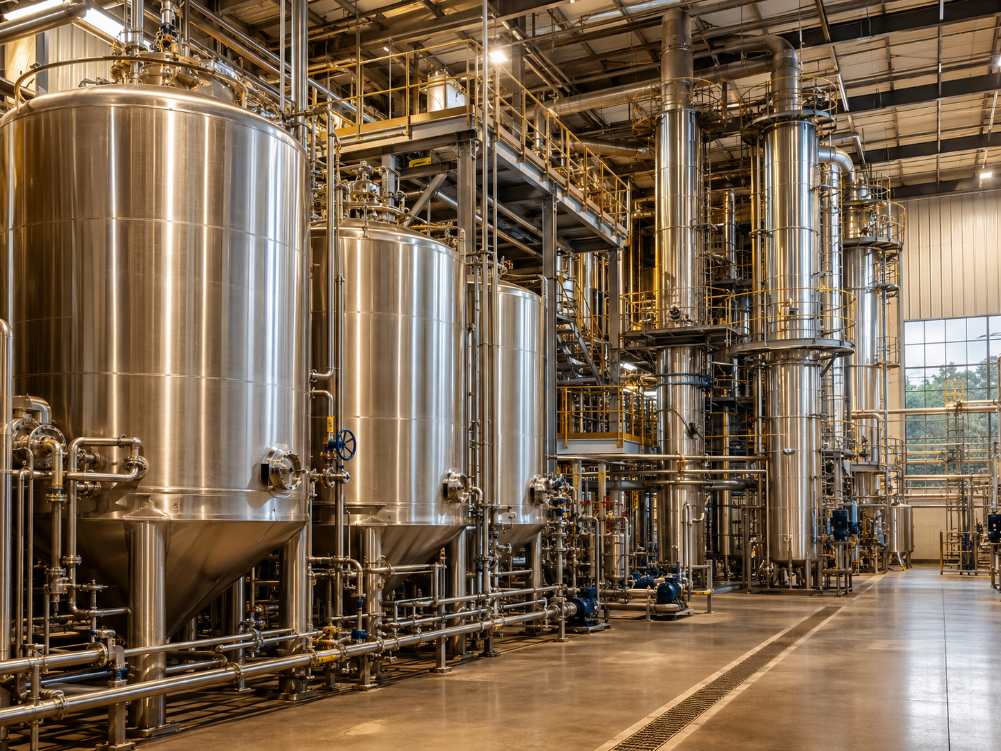 Image needed: Process plant with stainless tanks and pipework of the kind used in ethanol production